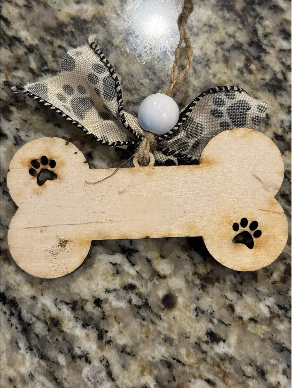 Dog Bone Wooden Ornament Handmade Paw Print Dog Puppy Love Christmas Xmas Ribbon